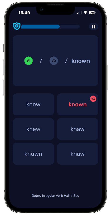 Irregular verbs practice screen
